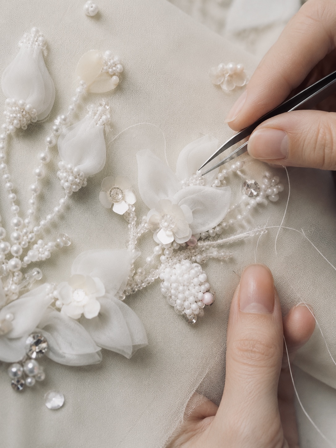 Hand-applied beadwork and floral embellishment in progress